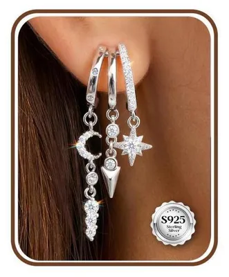 Immagine prodotto di Orecchini pendenti da donna, design 3-in-1, argento 925 placcato in oro, con zirconi cubici, ipoallergenici, a forma di luna e stella