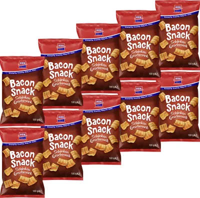 Produktbild von XOX Bacon Snack leckere Weizensnacks mit Schinkengeschmack VPE (10x100g Packung)