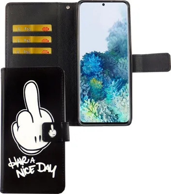 A black flip-case phone cover with a cartoon middle finger graphic and the text "HAVE A NICE DAY" is shown open, revealing a smartphone with a colorful wallpaper inside.