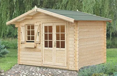 Produktbild von Gartenhaus PR9 - 34 mm Blockbohlenhaus, Grundfläche: 10,40 m², Satteldach
