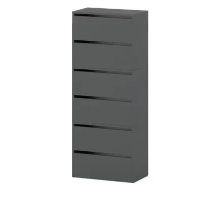 A tall, narrow, dark gray cabinet with six drawers, shown against a white background.
