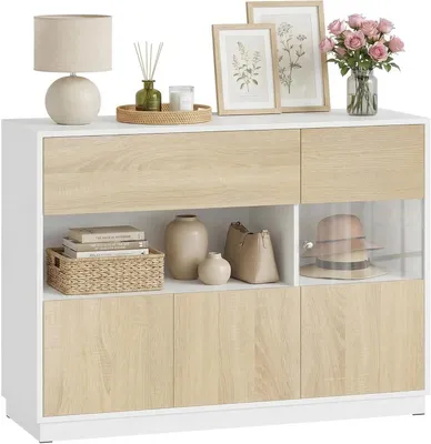 Produktbild von WOLTU Sideboard Kommode, 100x80x40cm, Holzwerkstoff Helle Eiche + Weiß
