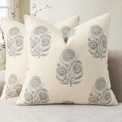 Produktbild von 2er-Set Kissenbezüge, 40 x 40 cm, Vintage-Blumenmuster, florales Motiv für Sofakissen, Dekokissen für Sofa, Sessel, Bett, Wohnzimmer, Heimdekoration, grau