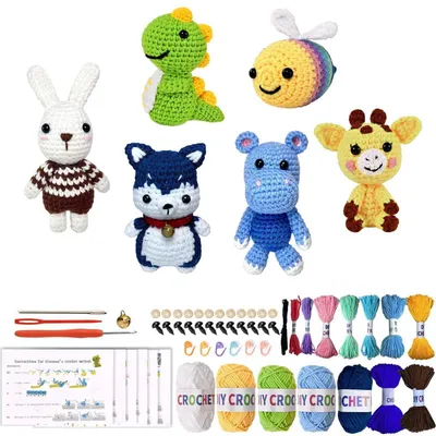 Image de Kit de crochet pour débutants, ensemble de 6 animaux amigurumi à réaliser soi-même, comprenant du fil et des accessoires, avec instructions vidéo