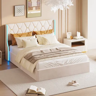 A bedroom scene with a bed, nightstand, and rug.