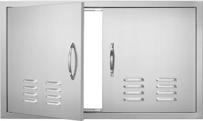 Produktbild von Grill-Zugangstür, 914 x 534 mm, Doppelte Außenküchentür, Edelstahltür Flächenbündig montiert, Vertikale Wandtür mit Griffen und Lüftungsschlitzen für Grillinsel, Grillstation, Außenschrank