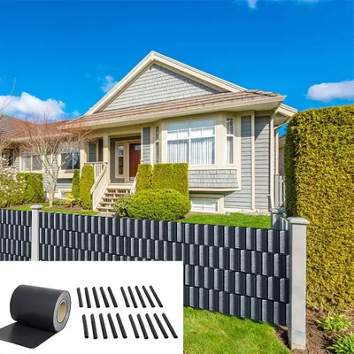 A house with a fence and landscaping, with a close-up of the fence material and accessories in the foreground.