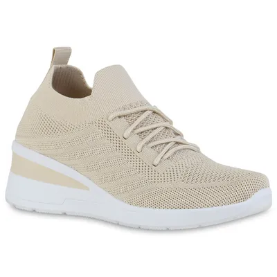 Produktbild von VAN HILL Damen Sneaker Schnürer Strick Profil-Sohle Schuhe 840166, Farbe: Beige, Größe: 39