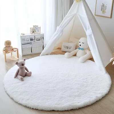 Productafbeelding van Rond Antislip Tapijt Pluizig voor Woonkamer en Slaapkamer (120 cm, Wit)