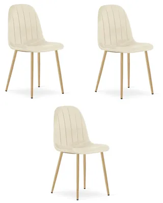 Image de Chaise - Leobert - Padva - Velours Beige Clair/Pieds Chêne - 44,5 X 53 X 87 Cm - Lot De 3
