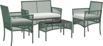 Image de Outsunny Salon de jardin extšŠrieur 4 piššces canapšŠ 2 places + 2 fauteuils + 1 table basse plateau verre trempšŠ noir 3 coussins d'assise - mšŠtal et ršŠsine tressšŠe - vert
