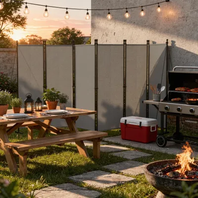 Produktbild von FIVMEN Paravent Outdoor wetterfest mit Heringen und Abspannleinen,Klappbar Freistehend Trennwand ohne Bohren,mobiler sichtschutz für Garten Balkon terrasse,6 Teilig 300 x 180 cm Hellgrau
