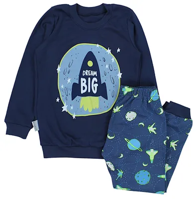 Produktbild von TupTam Kinder Jungen Pyjama Schlafanzug Set Langarm Nachtwäsche 2-teilig, Farbe: Dream Big / Kosmos Dunkelblau / Grün, Größe: 104