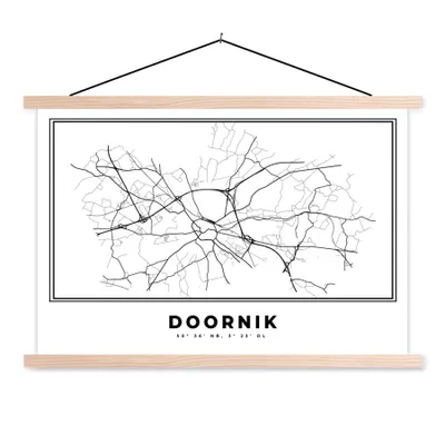 Produktbild von MuchoWow® Textilposter Stadtplan - Schwarz und weiß - Tournai - Belgien - Karte 60x40 cm mit holzfarbenen Rahmen - Bilder