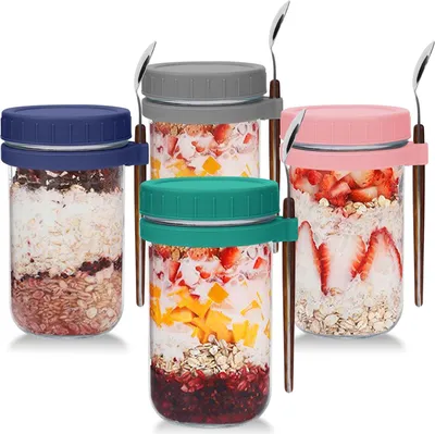 Produktbild von Gläserner Frühstücksbecher für unterwegs, dicht verschließbar, Set aus 4 Stk., 600 ml