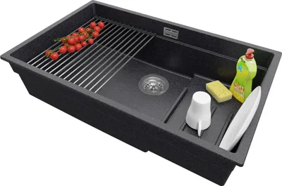 Produktbild von PRIMAGRAN Unterbauspüle Granit Anthrazit 76x47cm, Spülbecken 1 Becken + Ablauf-Set + Aufrollbare Abtropffläche, Granitspüle ab 80er Unterschrank - Praga
