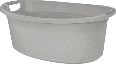 A light gray plastic laundry tub filled with water, shown from a side-angle.