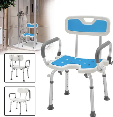 Produktbild von XINZI Duschstuhl mit Blauem Anti-Rutsch-Sitzkissen - Abnehmbare Armlehnen & Rückenlehne, höhenverstellbar, bis 150kg Traglast, für Bad
