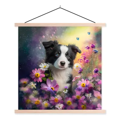 Produktbild von MuchoWow® Textilposter Hund - Blumen - Natur - Welpe - Border Collie 120x120 cm mit holzfarbenen Rahmen - Textil-Poster