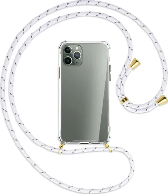 Produktbild von Handykette Backcover-Schutzhülle mit Band (Metall goldfarben) für Apple iPhone 11 Pro - weiß/grau