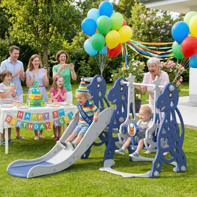 Produktbild von YZNAHRE Rutsche Kinderrutsche 4-in-1 Set, Kinder Spielzeugrutsche Indoor Outdoor mit Basketballkorb & Schaukelstuhl, für Max 50KG ab 1-6 Jahre Kinder (Type B, Kreuzschiene)