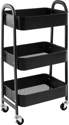 Obrázek produktu pro Uniqoos® Kovový vozík s 3 policemi, černý, rozměry 34,5 x 29 x 71 cm, 4 kolečka (2 s brzdou) – organizér do kuchyně, koupelny a pro kosmetiku