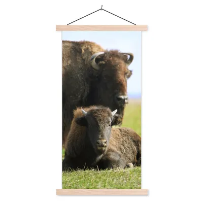 Produktbild von MuchoWow® Textilposter Büffel - Gras - Kalb 60x120 cm mit holzfarbenen Rahmen - Holz