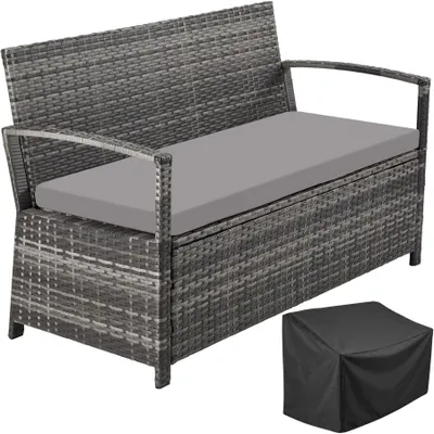 Produktbild von tectake® Rattan-Gartenbank 2-Sitzer, wetterfest, 250 kg Belastbarkeit, Polyrattanbank, Stauraum 160 l, inkl. Sitzpolster und Schutzhülle, in grau