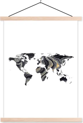 Produktbild von MuchoWow® Textilposter Weltkarte - Farbe - Schwarz 120x160 cm mit holzfarbenen Rahmen - Plakatkarton