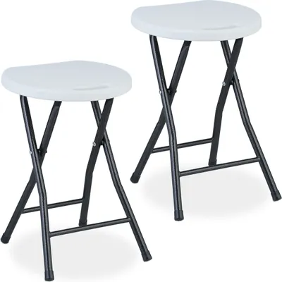 Image de Tabouret pliant Relaxdays, lot de 2, poignée, jardin et balcon, tabouret d'extérieur pliable, H x l x P : 46 x 31 x 30 cm, blanc