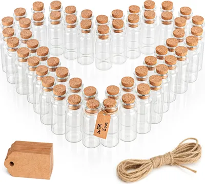 Produktbild von Belle Vous 64er Pack Mini Glasflaschen mit Korken, Etiketten und Schnur - 13ml Kleine Phiolen zum Befüllen Luftdichte Flaschen mit Korken für
