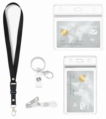 Image de Porte-badge avec cordon, porte-clés, clips, étui à cartes transparent, pour badges au bureau ou à l'école, pour badges, cartes de crédit, clips pour badges, étui pour passeport (1 lot)