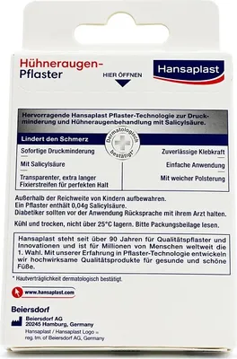 The back of a Hansaplast Hühneraugen-Pflaster (corn plaster) box, detailing its features and usage instructions.
