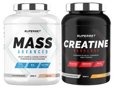Produktbild von Fortgeschrittenes Masseaufbauprogramm - Mass Advanced 2,5kg Cookies - Creatin Hardcore 1,5 kg Orange