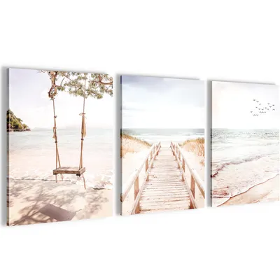 Produktbild von Novart Wandbilder Set Strand Meer Boho - KOMPLETT AUFHÄNGFERTIG - Wohnzimmer Schlafzimmer Flur Deko - 3 Moderne Bilder Beige - N038135b