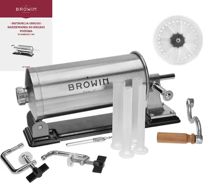 A sausage stuffer and its accessories are displayed on a white background, with an instruction manual in the upper left corner.