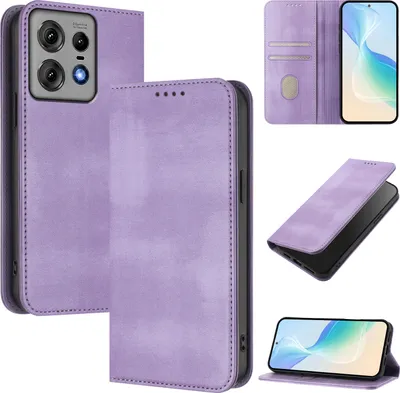 Produktbild von Handyhülle für Motorola Edge 50 Pro, Vintage Leder RFID Schutz Kartenfach Standfunktion Magnetische Klapphülle Violett