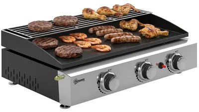 Produktbild von Gasgrill Plancha 3-Brenner Edelstahl 7.5kW Tischgasgrill mit emaillierter Grillplatte 62x44cm & Warmhalterost für Garten Camping Schwarz