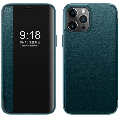 Obrázek produktu pro Pouzdro pro iPhone 13 Pro tenkéPolyuretankožené klopové pouzdro s okénkem pro zobrazení zelené