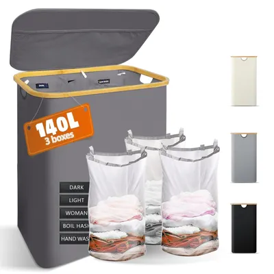 Obrázok produktu pre Košík na prádlo s vekom a 3 vyberateľnými vreckami – 140 litrov, sivý