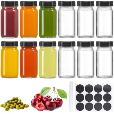 Productafbeelding van TRANKIELO® - 12 glazen shotflessen 60 ml – herbruikbaar en lekvrij – vaatwasmachinebestendig