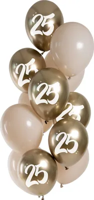 Produktbild von 12 Goldene Ballons 33cm bedruckt für 25. Geburtstag oder Jubiläum Set