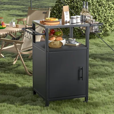 Produktbild von Servierwagen Grillwagen, Grilltisch, Outdoor-Grillwagen, Küchenwagen, Grill-Beistelltisch mit Unterschrank und 2 Rollen, wetterfest, multifunktionaler