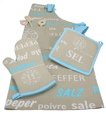 Produktbild von Betz 3 tlg Grillschürzen Set Kochschürze Latzschürze Küchenschürze Topfhandschuh Topflappen 100% Baumwolle SALZ & PFEFFER Farbe sand