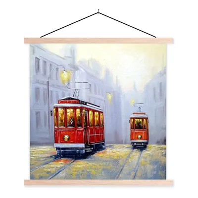 Produktbild von MuchoWow® Textilposter Gemälde - Straßenbahn - Stadt - Öl 60x60 cm mit holzfarbenen Rahmen - Wanddekoration