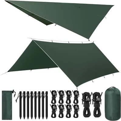 Produktbild von Camping Tarp 3x5 m, wasserdicht, UV-Schutz, 10 Abspannseile, 8 Heringe, dunkelgrün, für Outdoor
