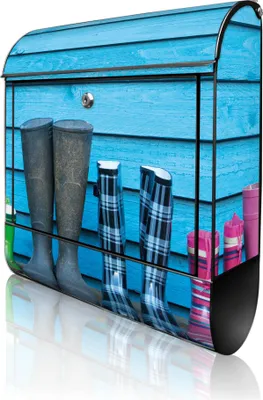 Produktbild von banjado Design Briefkasten Stahl schwarz mit Zeitungsfach pulverbeschichtet "Gummistiefel" 38x46x12,5cm & 2 Schlüssel - Postkasten A4 Einwurf inkl. Montagematerial [BKSCH 10359]