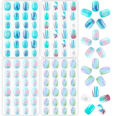 Immagine prodotto di Unghie finte per bambini, 96 pezzi, copertura completa, corte, tema blu