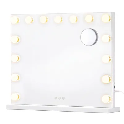 Produktbild von SONGMICS Schminkspiegel mit Beleuchtung, Dimmbar, 15 LEDs, 3 Lichtfarben, 10x Vergrößerung, 48 x 58 x 5,7 cm, Weiß