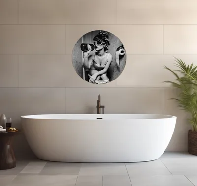 Produktbild von Wallario wasserfestes Poster selbstklebend 60 x 60 cm, Kloparty - Sexy Frau auf Toilette mit Weinflasche, Badezimmerposter Spritzschutz mit Hochglanzoberfläche in Glasoptik